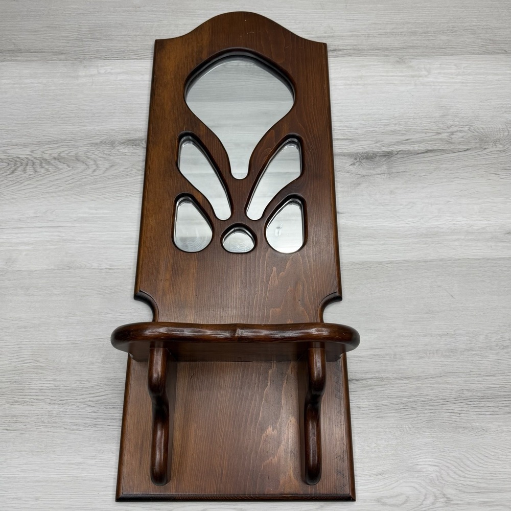 Vintage Wood Wall Shelf Mirror Inlay Display Shelf Pegs Handmade 1983 Folk Art